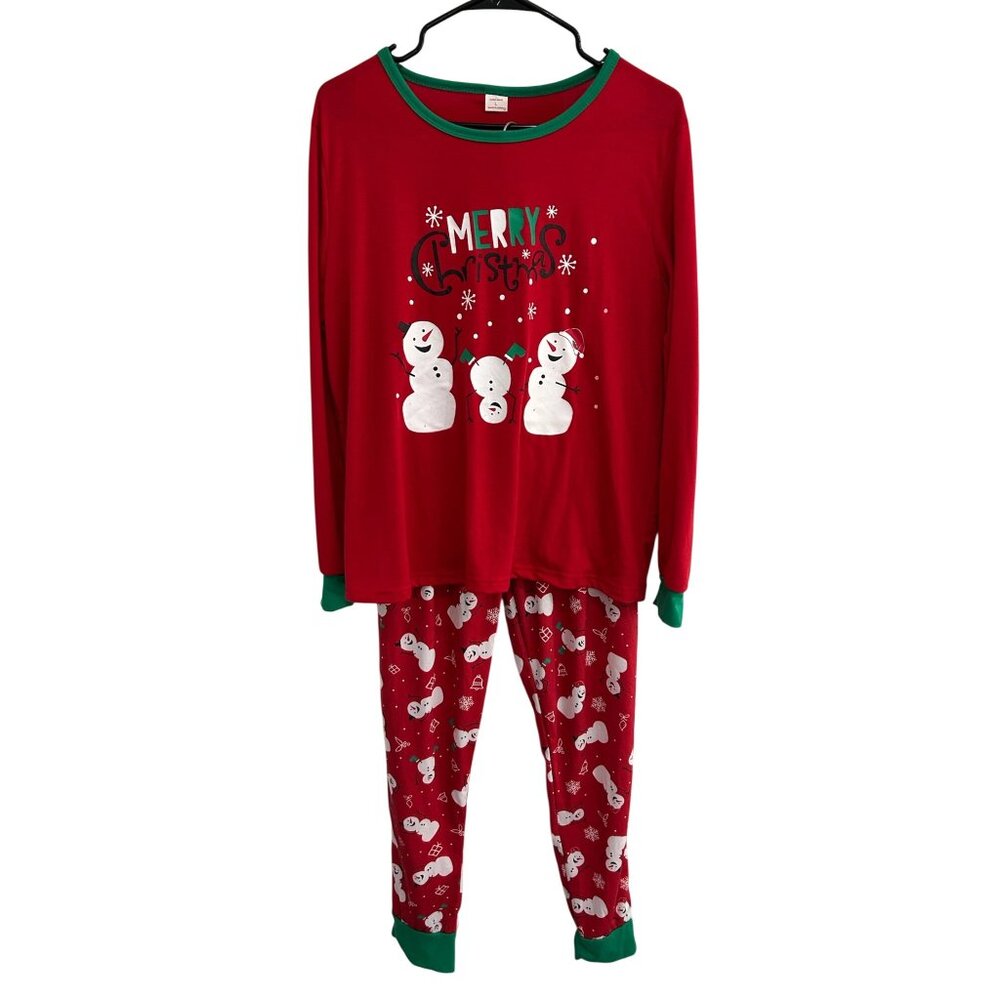 Red Christmas Pajama Set Snowman Print L Cotton Blend Cozy Holiday Loungewear